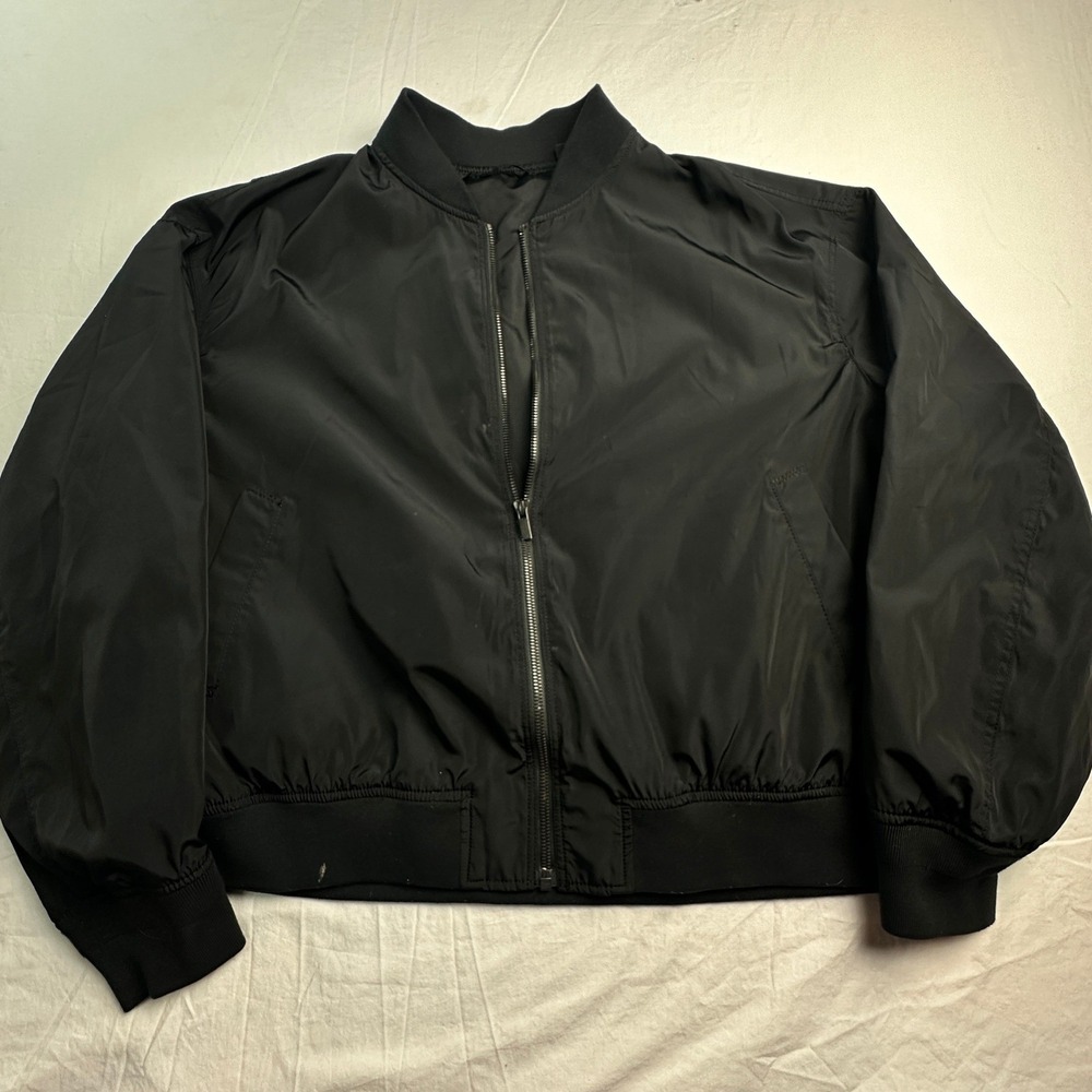 Uniqlo Black Bomber Jacket Womens XL Full Zip Ribbed Trim Lightweight MA-1 Style